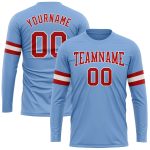 Custom Team Name Number Long Sleeve Performance T-Shirt - Personalized Light Blue Red White Design Personalized Light Blue