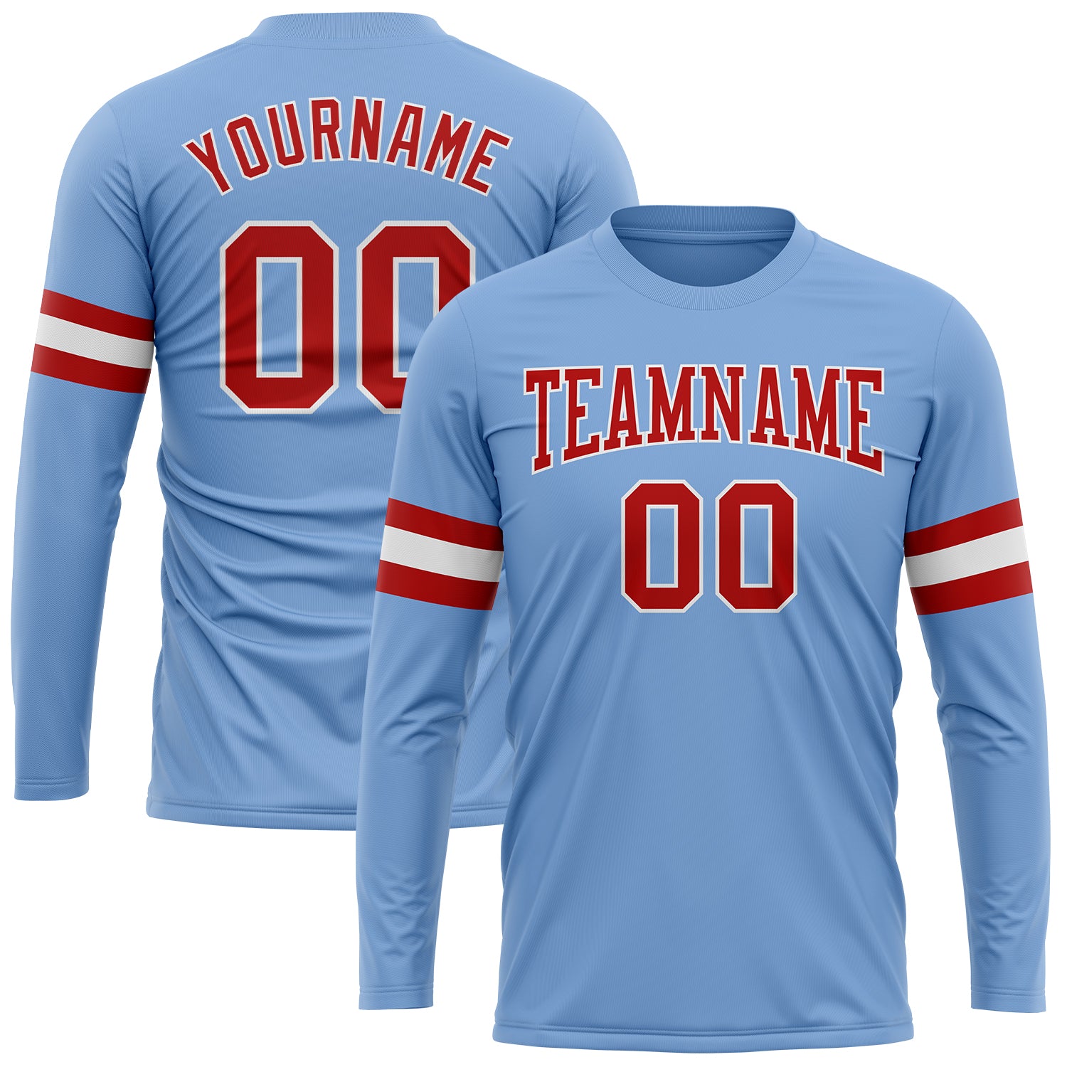 Custom Team Name Number Long Sleeve Performance T-Shirt - Personalized Light Blue Red White Design Personalized Light Blue