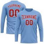 Custom Team Name Number Long Sleeve Performance T-Shirt - Personalized Light Blue Red White Design Personalized Light Blue
