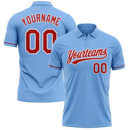 Custom Name and Number Light Blue Red-White Performance Golf Polo Shirt - Personalized Team Apparel Personalized Light Blue