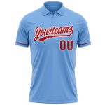 Custom Name and Number Light Blue Red-White Performance Golf Polo Shirt - Personalized Team Apparel Personalized Light Blue