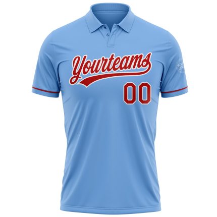 Custom Name and Number Light Blue Red-White Performance Golf Polo Shirt - Personalized Team Apparel Personalized Light Blue