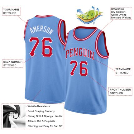 Custom Name and Number Basketball Jersey Light Blue Red White Round Neck Rib-Knit Design for Team Personalized Light Blue