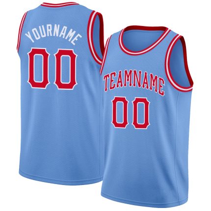Custom Name and Number Basketball Jersey Light Blue Red White Round Neck Rib-Knit Design for Team Personalized Light Blue