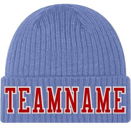 Personalized Custom Team Knit Hat with Light Blue Red-White Stitching - Cuffed with Name and Number Personalized Light Blue