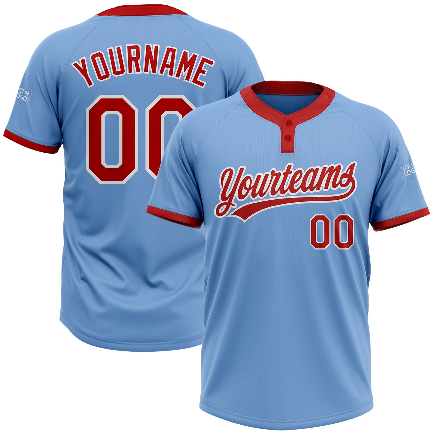 Custom Name & Number Unisex Softball Jersey - Light Blue Red-White Two-Button Design Personalized Light Blue Red-White Two-Button