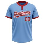 Custom Name & Number Unisex Softball Jersey - Light Blue Red-White Two-Button Design Personalized Light Blue Red-White Two-Button