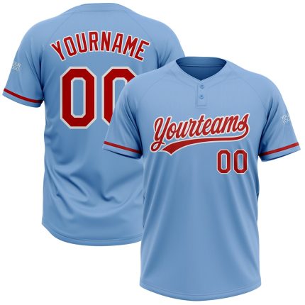 Personalized Light Blue Red White Softball Jersey Unisex Two-Button Design Personalized Light Blue Red-White Two-Button Unisex