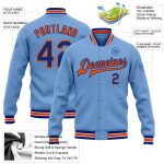 Custom Team Name Number Personalized Light Blue Varsity Letterman Bomber Jacket Royal-Orange Full-Snap Design Personalized