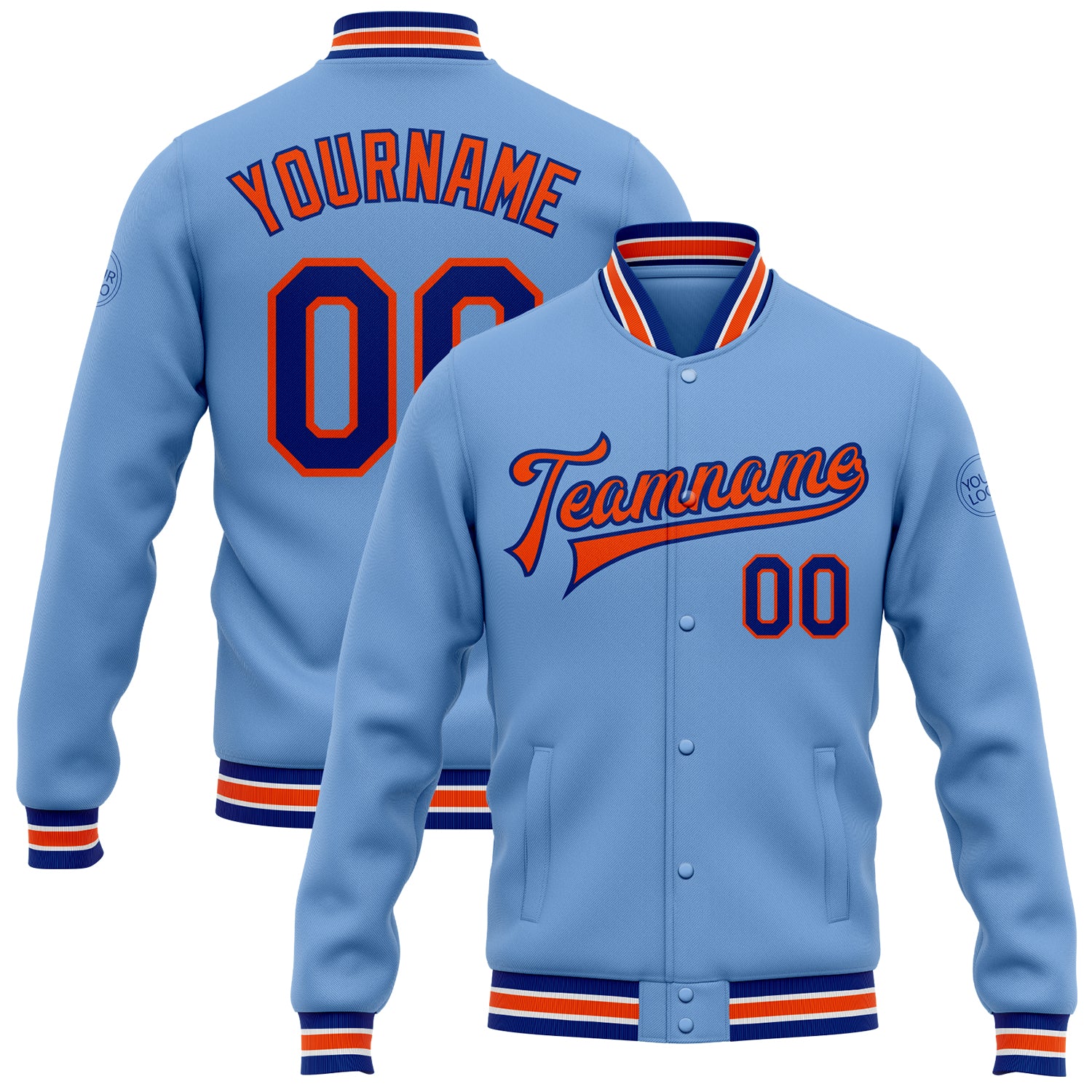 Custom Team Name Number Personalized Light Blue Varsity Letterman Bomber Jacket Royal-Orange Full-Snap Design Personalized