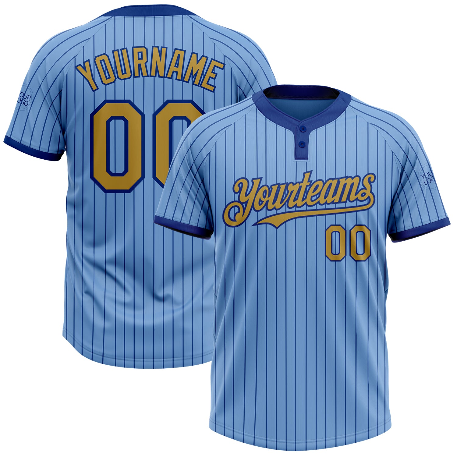 Custom Name and Number Softball Jersey - Light Blue Royal Pinstripe Unisex Two-Button with Old Gold Design Personalized Light