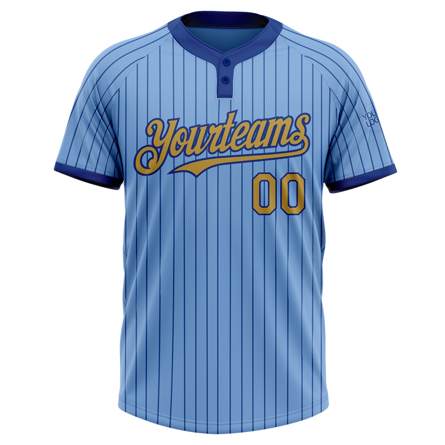 Personalized Light Blue Royal Pinstripe Old Gold Two-Button Unisex Softball Jersey Team Custom Name and Number Custom Name and Number Softball Jersey - Light Blue Royal Pinstripe Unisex Two-Button with Old Gold Design Personalized Light - Image 3