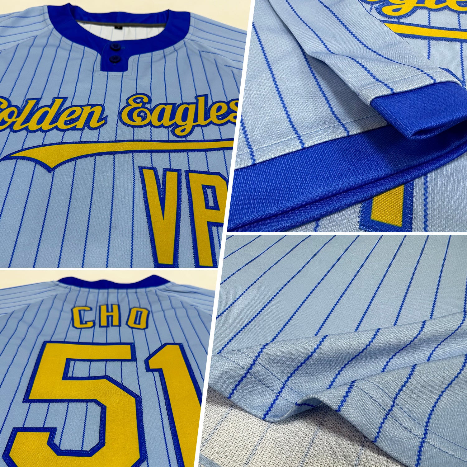 Personalized Light Blue Royal Pinstripe Old Gold Two-Button Unisex Softball Jersey Team Custom Name and Number Custom Name and Number Softball Jersey - Light Blue Royal Pinstripe Unisex Two-Button with Old Gold Design Personalized Light - Image 2