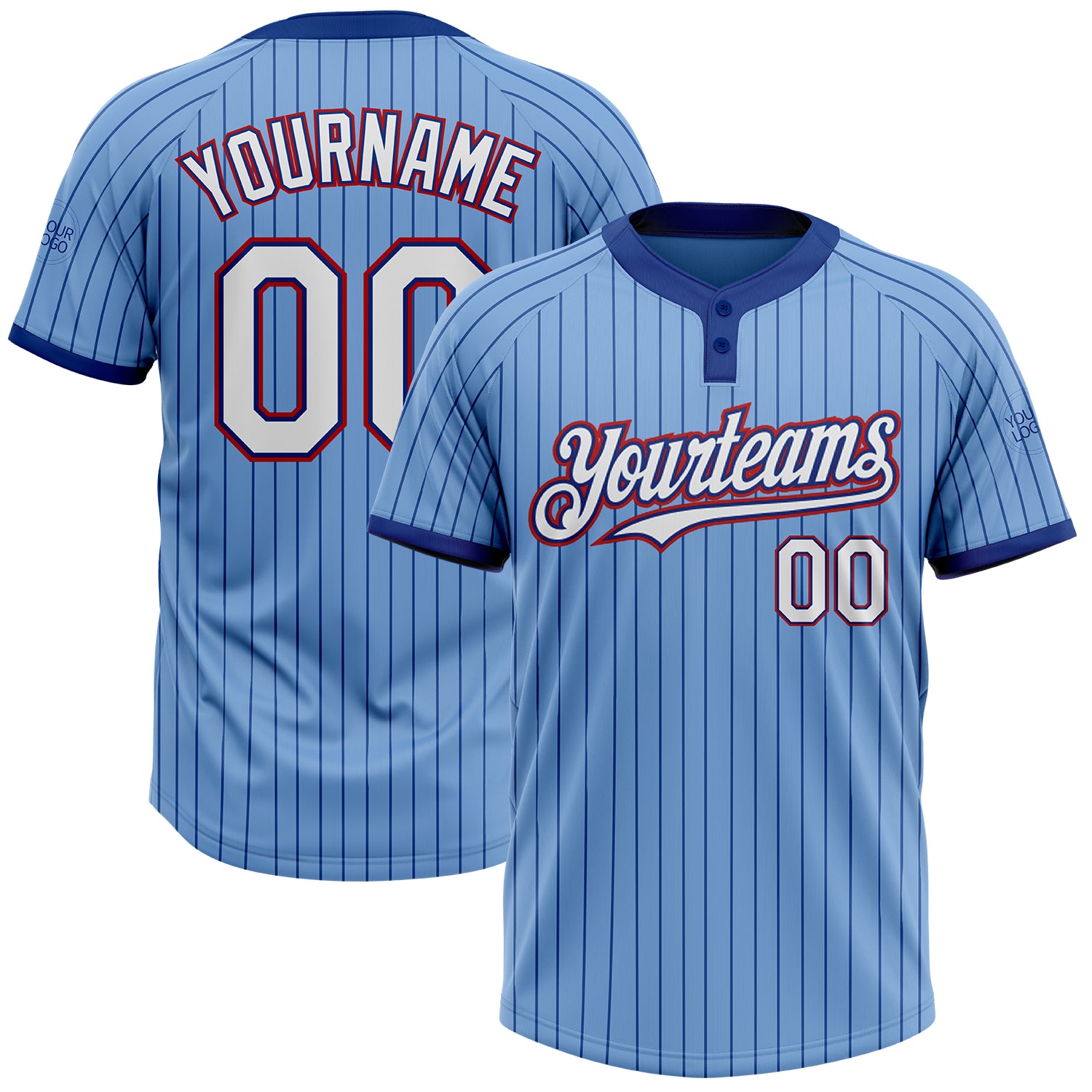 Custom Name and Number Unisex Softball Jersey Light Blue Royal Pinstripe Two-Button Red White Personalized Light Blue Royal