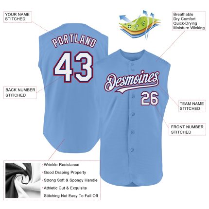Custom Name and Number Baseball Jersey - Sleeveless Light Blue Red Authentic Team Apparel Personalized Light Blue Royal-Red