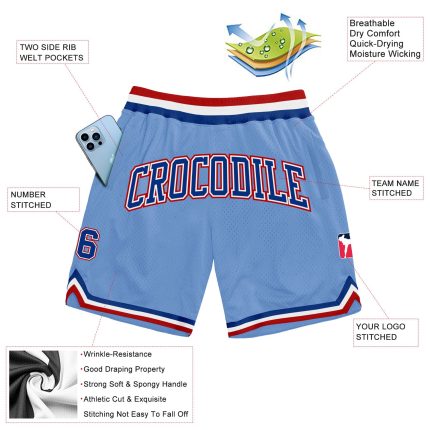 Custom Name Number Authentic Basketball Shorts Light Blue Royal Red Throwback Personalized Light Blue Royal-Red Authentic
