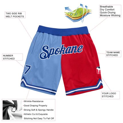 Custom Name and Number Light Blue Royal-Red Basketball Shorts - Authentic Throwback Split Fashion Design Personalized Light