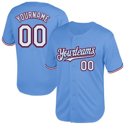 Personalized Light Blue Baseball Jersey with Royal-Red Mesh Throwback Design Personalized Light Blue Royal-Red Mesh Authentic