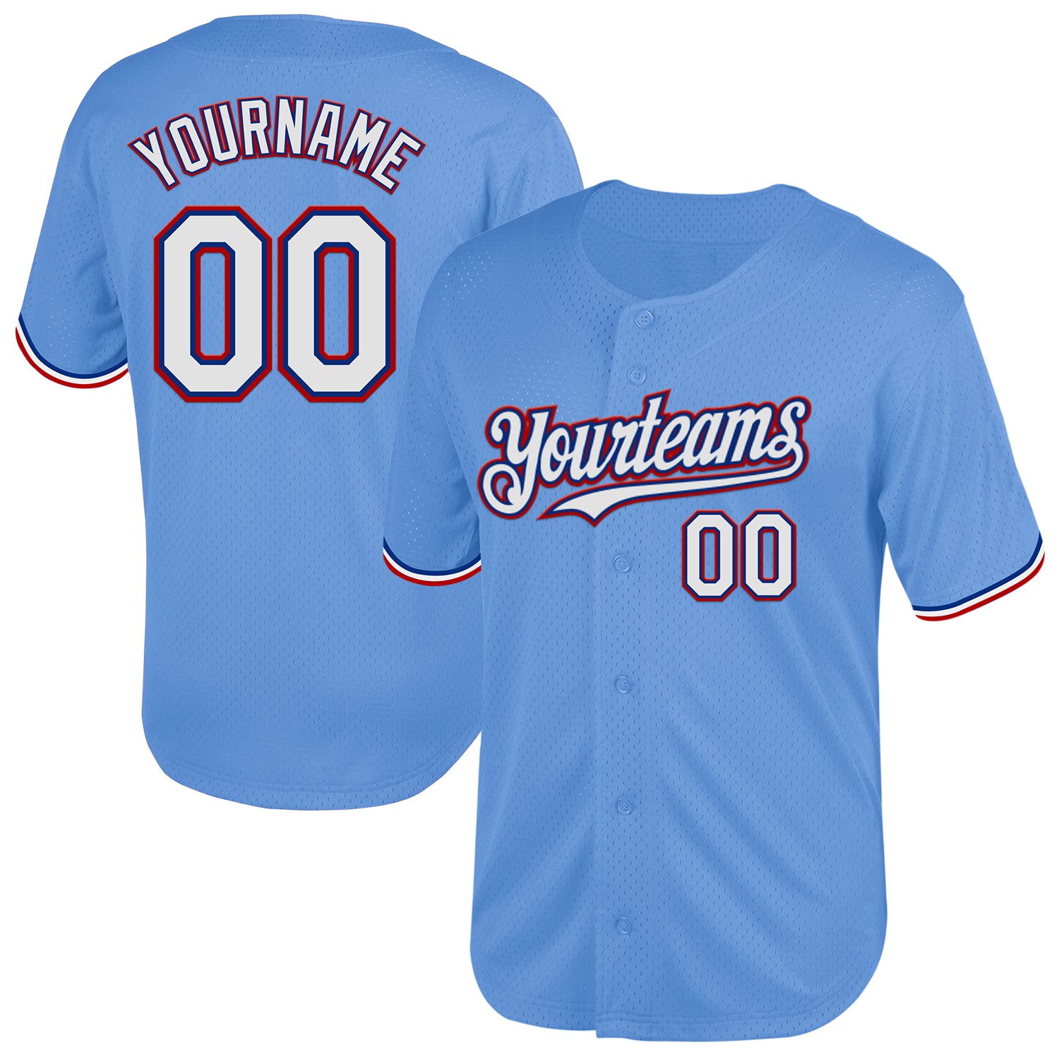 Personalized Light Blue Baseball Jersey with Royal-Red Mesh Throwback Design Personalized Light Blue Royal-Red Mesh Authentic