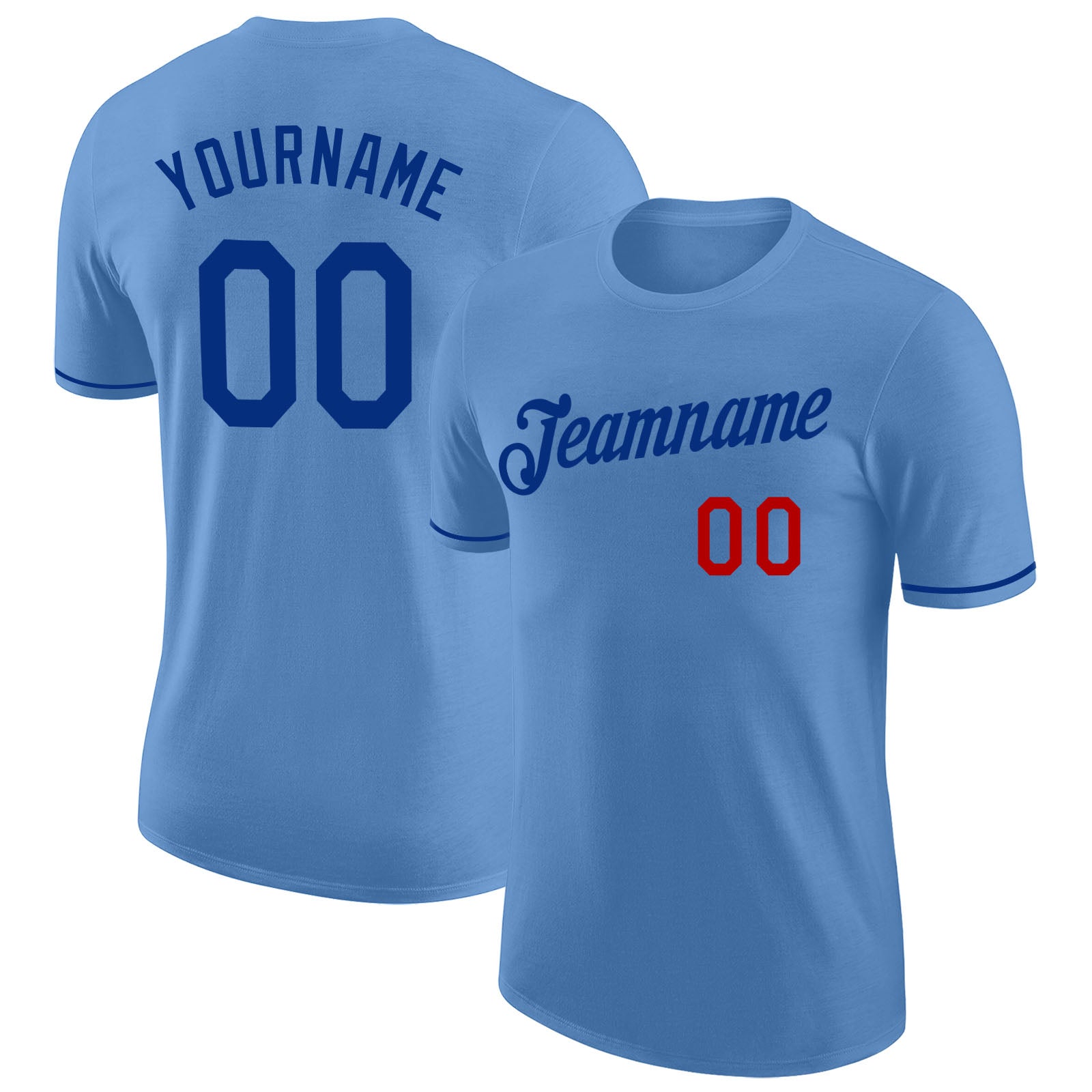 Custom Team T-Shirt with Name and Number - Light Blue and Royal-Red Performance Tee Personalized Light Blue Royal-Red Performance