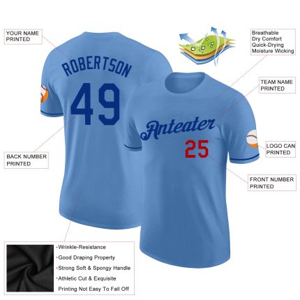 Custom Team T-Shirt with Name and Number - Light Blue and Royal-Red Performance Tee Personalized Light Blue Royal-Red Performance