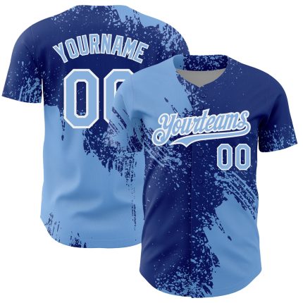 Custom Name and Number Authentic Baseball Jersey in Light Blue Royal-White 3D Abstract Brush Stroke Design Personalized Light