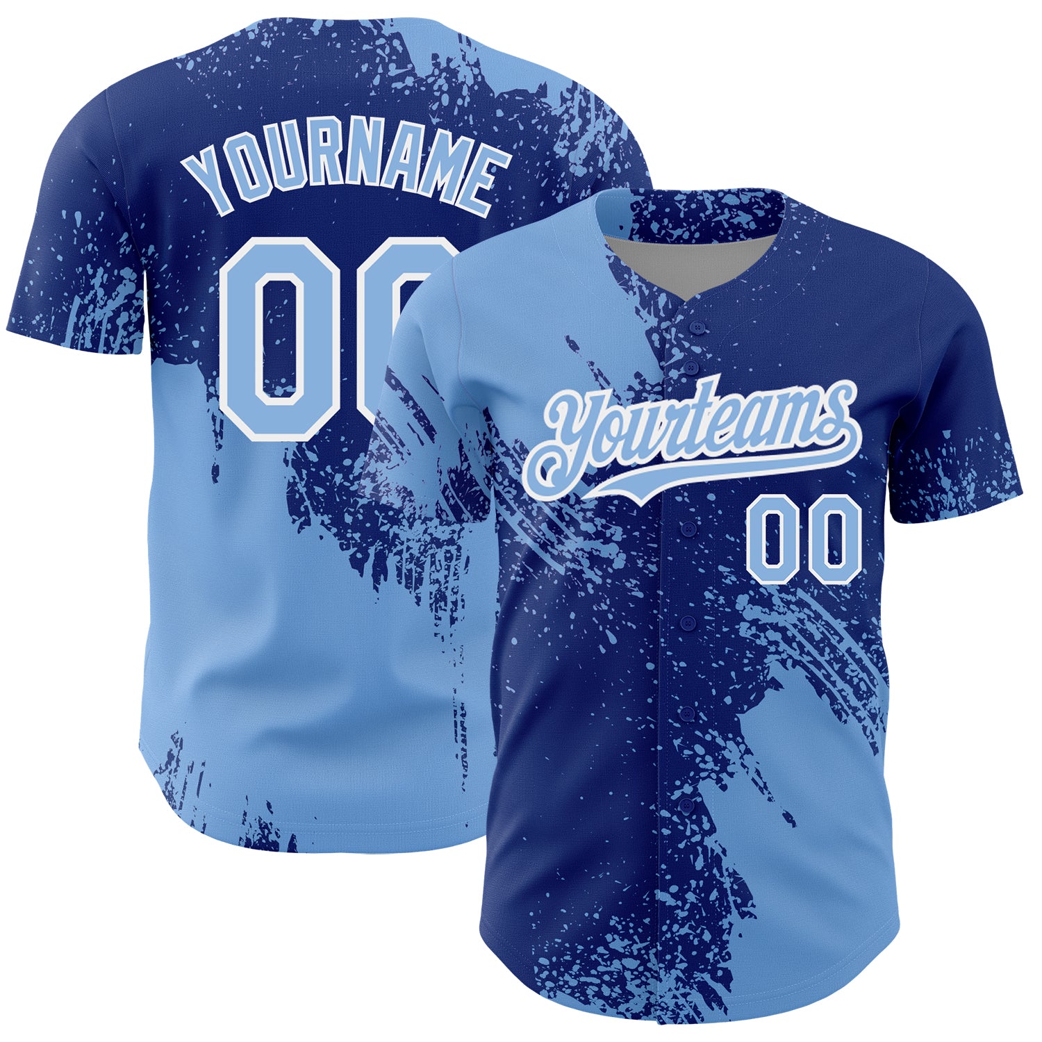 Custom Name and Number Authentic Baseball Jersey in Light Blue Royal-White 3D Abstract Brush Stroke Design Personalized Light