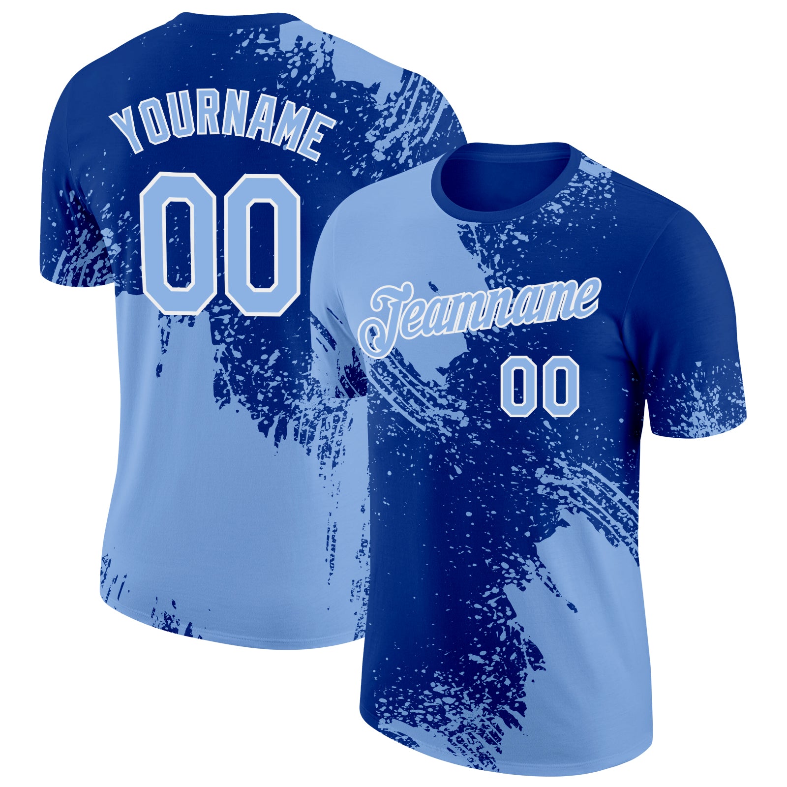 Custom Name & Number 3D Pattern Performance T-Shirt in Light Blue and Royal-White Abstract Brush Stroke Design Personalized