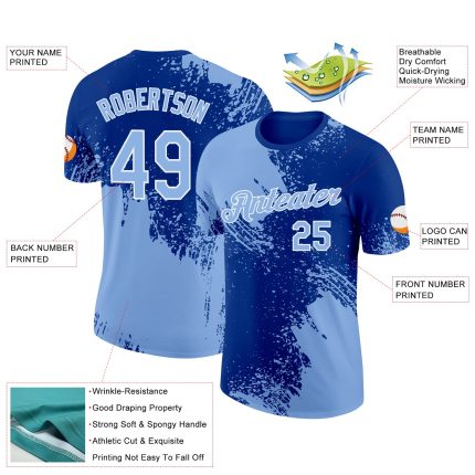 Custom Name & Number 3D Pattern Performance T-Shirt in Light Blue and Royal-White Abstract Brush Stroke Design Personalized