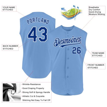 Custom Name and Number Personalized Light Blue Royal-White Baseball Jersey Sleeveless Authentic Team Personalized Light Blue