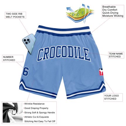 Light Blue Royal-White Personalized Basketball Shorts - Authentic Throwback Design Personalized Light Blue Royal-White Authentic