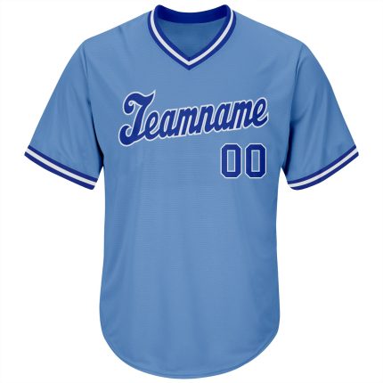 Custom Name and Number Authentic Rib-Knit Baseball Jersey Shirt - Light Blue Royal White Throwback Design Personalized Light