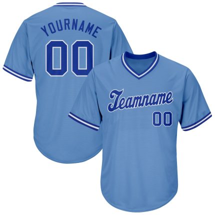 Custom Name and Number Authentic Rib-Knit Baseball Jersey Shirt - Light Blue Royal White Throwback Design Personalized Light