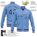 Custom Team Name Number Light Blue Royal White Varsity Letterman Bomber Jacket Personalized Light Blue Royal-White Bomber