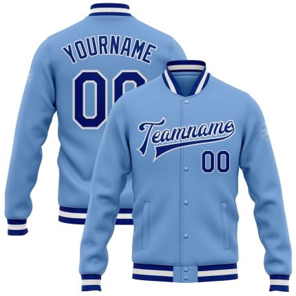Custom Team Name Number Light Blue Royal White Varsity Letterman Bomber Jacket Personalized Light Blue Royal-White Bomber