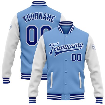 Personalized Light Blue White Royal Two Tone Bomber Varsity Letterman Jacket Full-Snap Personalized Light Blue Royal-White