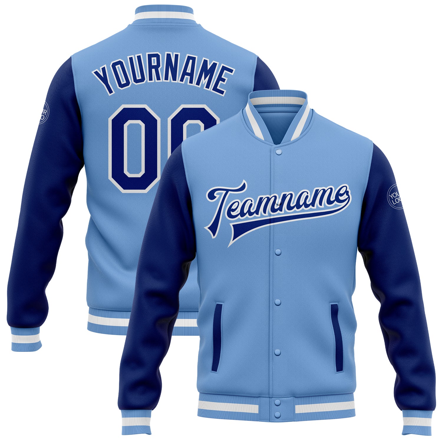 Custom Name and Number Two Tone Varsity Letterman Jacket Light Blue Royal-White Full-Snap Bomber Personalized Light Blue
