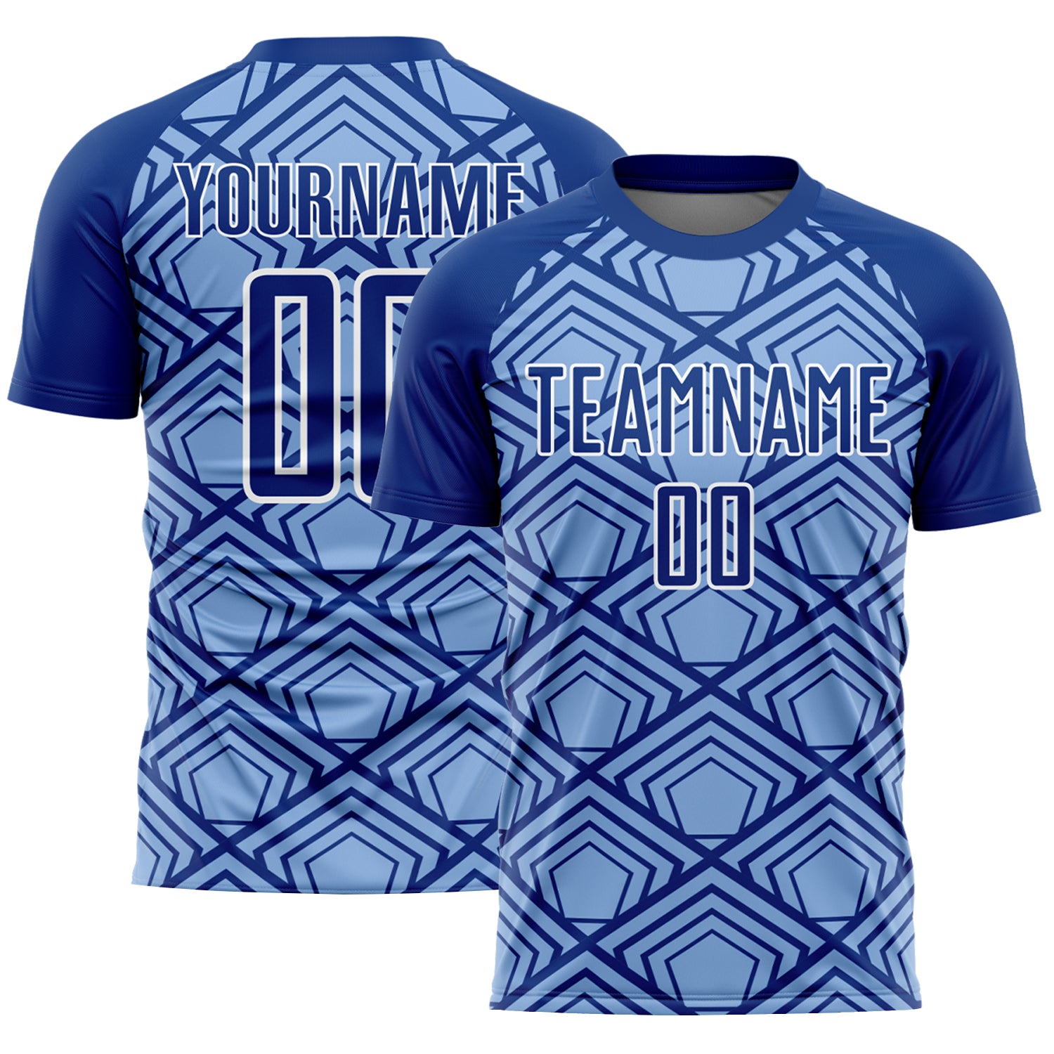 Custom Soccer Jersey with Personalized Name and Number - Light Blue Royal White Geometric Pattern Personalized Light Blue