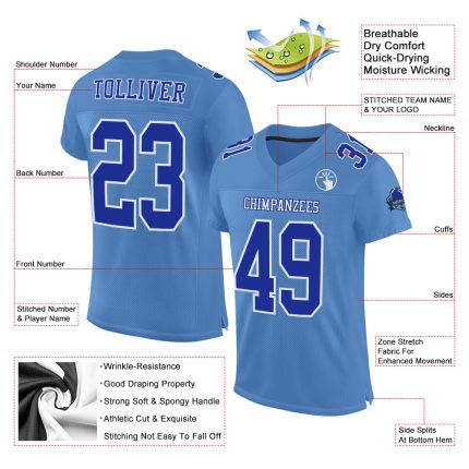 Custom Name & Number Light Blue Royal White Football Jersey - Personalized Mesh Authentic Team Jersey Personalized Light