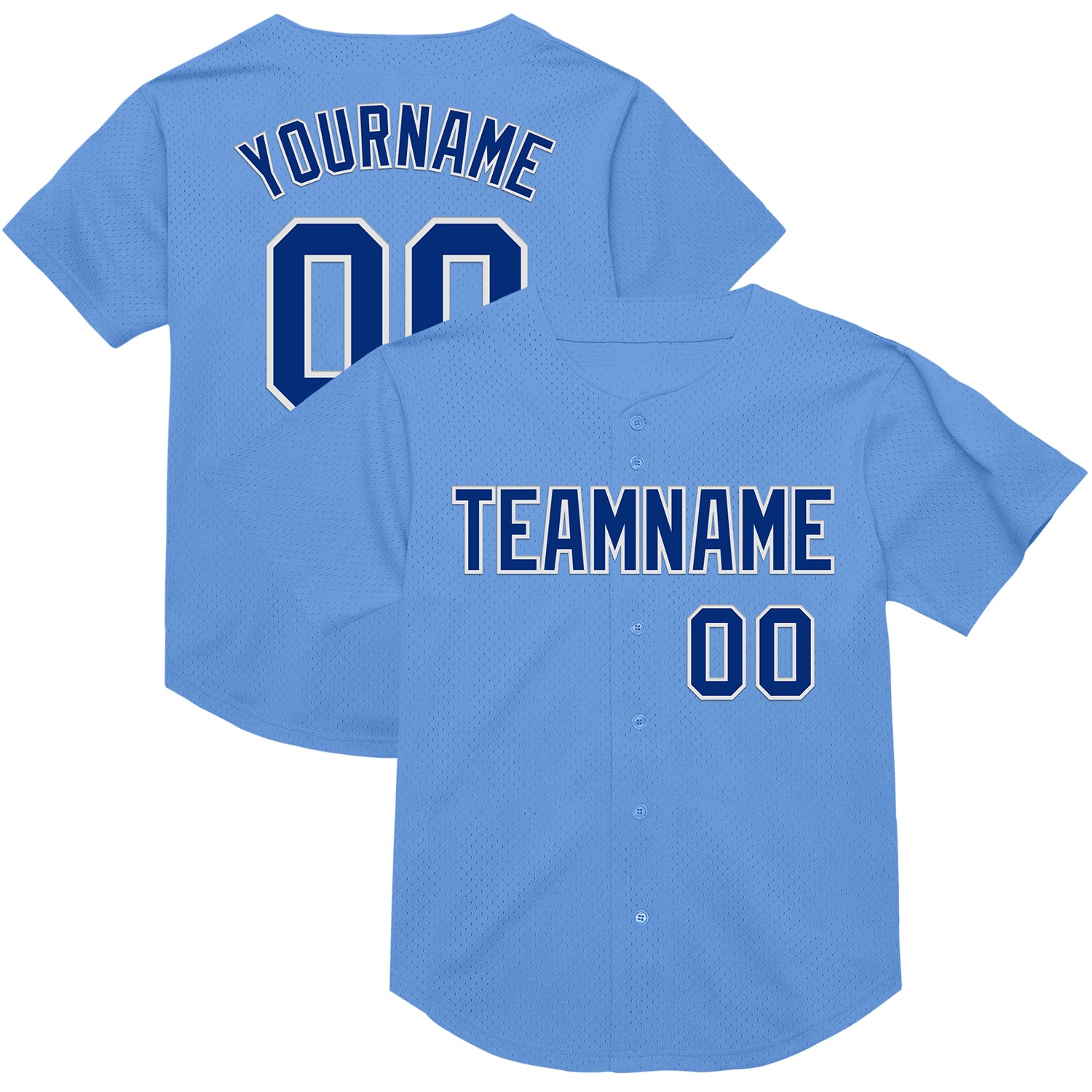 Personalized Light Blue Baseball Jersey - Authentic Royal-White Mesh Throwback Style Personalized Light Blue Royal-White