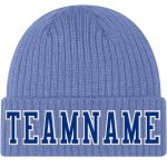 Custom Light Blue White Stitched Knit Hat with Name and Number - Personalized Cuffed Beanie Personalized Light Blue Royal-White