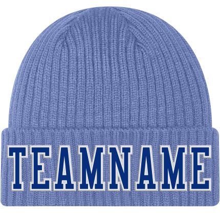 Custom Light Blue White Stitched Knit Hat with Name and Number - Personalized Cuffed Beanie Personalized Light Blue Royal-White