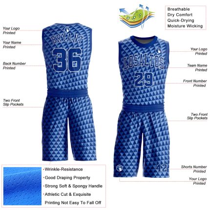 Custom Name and Number Basketball Jersey - Personalized Light Blue Royal-White Triangle Design, Round Neck Sublimation Suit