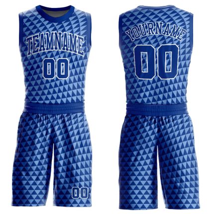 Custom Name and Number Basketball Jersey - Personalized Light Blue Royal-White Triangle Design, Round Neck Sublimation Suit