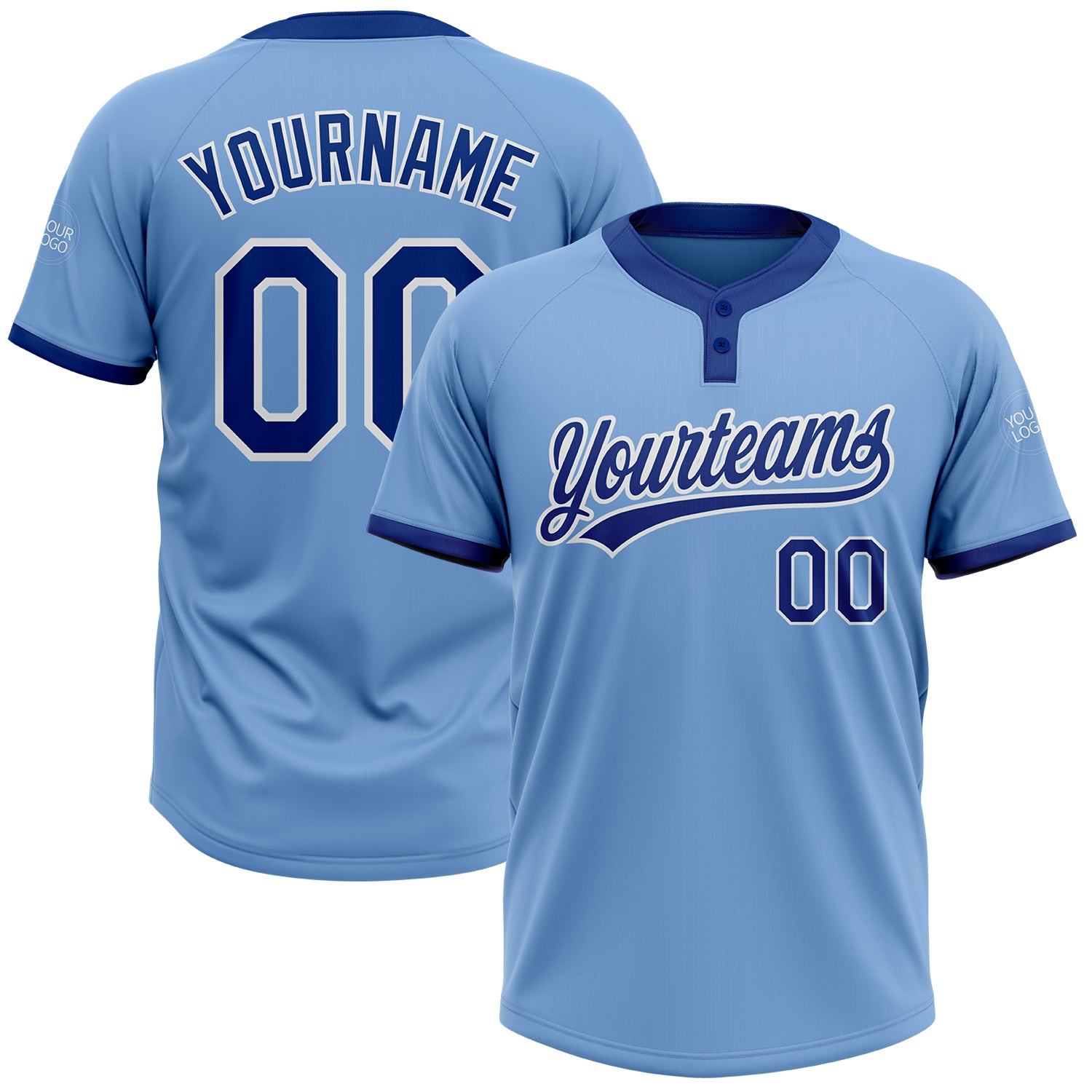 Custom Name and Number Softball Jersey Light Blue Royal-White Unisex Two-Button Design Personalized Light Blue Royal-White