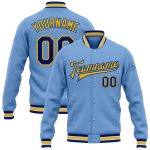 Custom Name Number Varsity Letterman Jacket Light Blue Yellow Bomber Full-Snap Team Style Personalized Light Blue Royal-Yellow