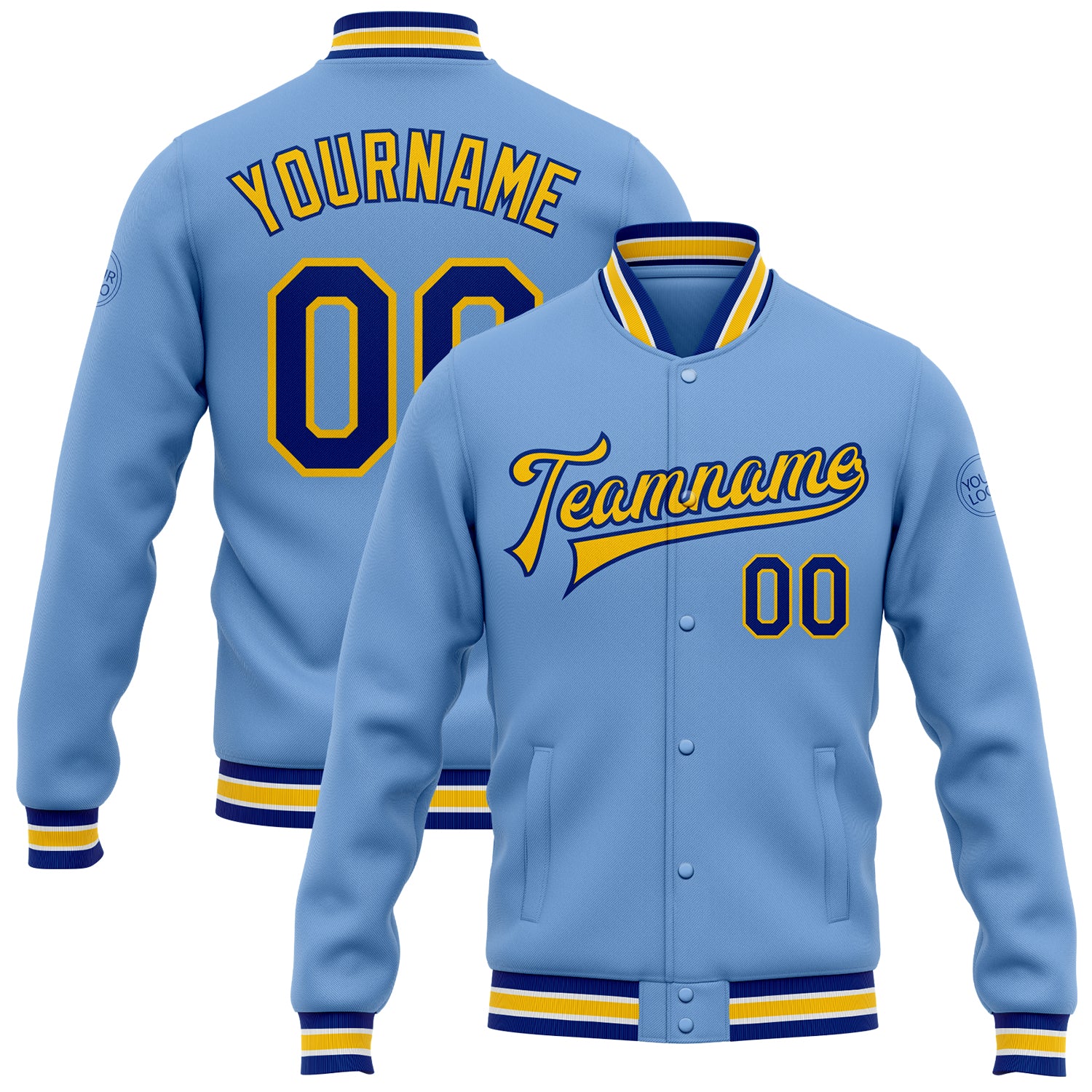 Custom Name Number Varsity Letterman Jacket Light Blue Yellow Bomber Full-Snap Team Style Personalized Light Blue Royal-Yellow