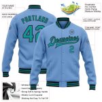 Custom Team Name Number Light Blue Teal Black Varsity Letterman Bomber Jacket Full-Snap Personalized Personalized Light Blue