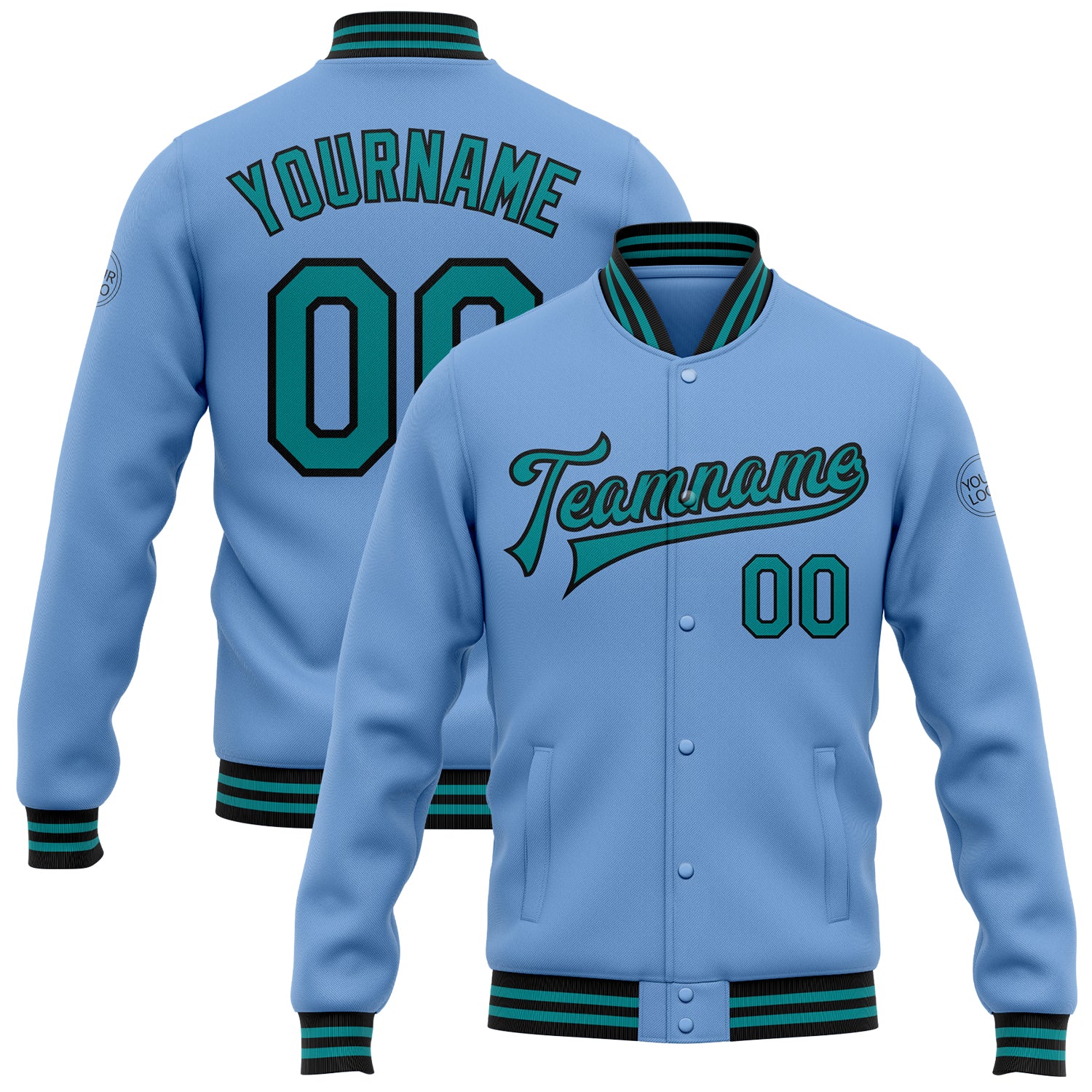 Custom Team Name Number Light Blue Teal Black Varsity Letterman Bomber Jacket Full-Snap Personalized Personalized Light Blue