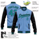 Customizable Varsity Letterman Jacket with Team Name, Number - Light Blue and Teal-Black Two Tone Bomber Full-Snap Style